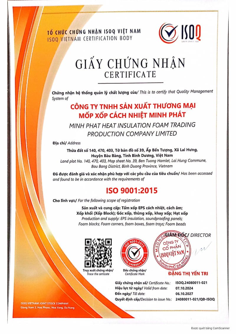 Chứng nhận chất lượng xốp EPS Minh Phát – ISO 9001:2015 & báo cáo thử nghiệm